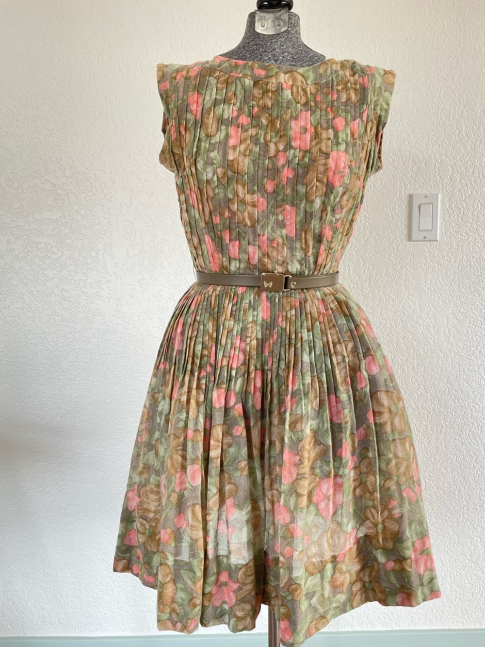 Vintage 50s/60s Sheer Floral Pleated Dress with Belt